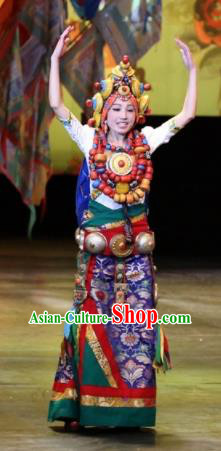 Chinese Impression Tibetan Zang Nationality Dance Royalblue Dress Stage Performance Costume and Headpiece for Women