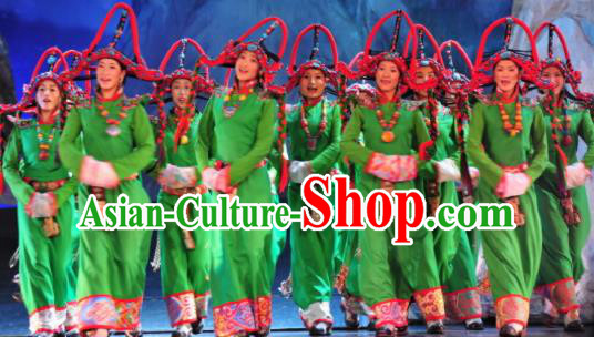 Chinese Impression Tibetan Zang Nationality Dance Green Robe Stage Performance Costume and Headpiece for Women