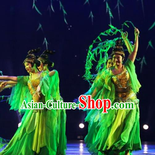 Chinese Back to Song Dynasty Classical Dance Green Dress Stage Performance Costume and Headpiece for Women