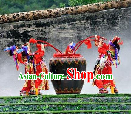 Chinese Road Solutions Dujiangyan Ethnic Dance Red Dress Stage Performance Costume and Headpiece for Women