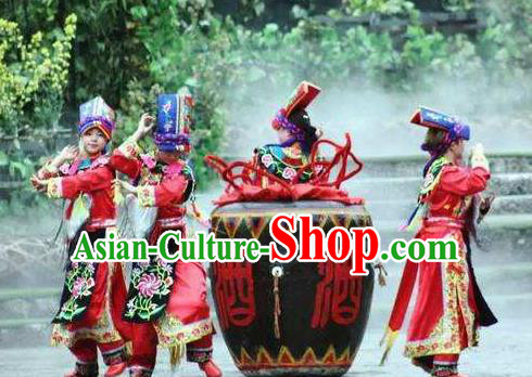 Chinese Road Solutions Dujiangyan Ethnic Dance Red Dress Stage Performance Costume and Headpiece for Women
