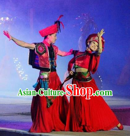 Chinese Dragon Boat Song Tujia Nationality Ethnic Wedding Stage Performance Dance Red Costumes for Women for Men
