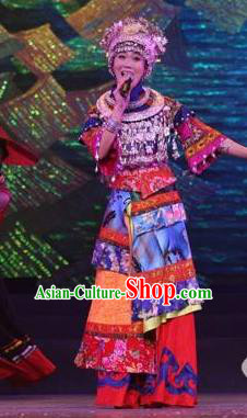 Chinese Dragon Boat Song Tujia Nationality Bride Ethnic Dance Dress Stage Performance Costume and Headpiece for Women