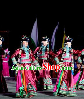 Chinese Impression of Going East To Native Land Mongol Nationality Dance Rosy Dress Stage Performance Costume for Women
