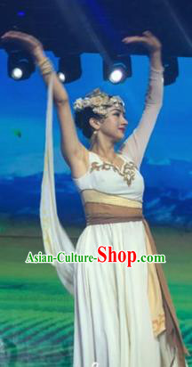 Chinese Silk Road Tajik Nationality Dance White Dress Ethnic Stage Performance Costume for Women