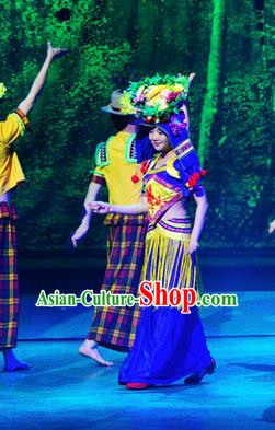 Chinese Lishui Jinsha Yi Nationality Dance Blue Dress Ethnic Stage Performance Costume and Headpiece for Women
