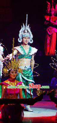 Chinese Lishui Jinsha Dai Nationality Dance Green Clothing Ethnic Wedding Stage Performance Costume for Men