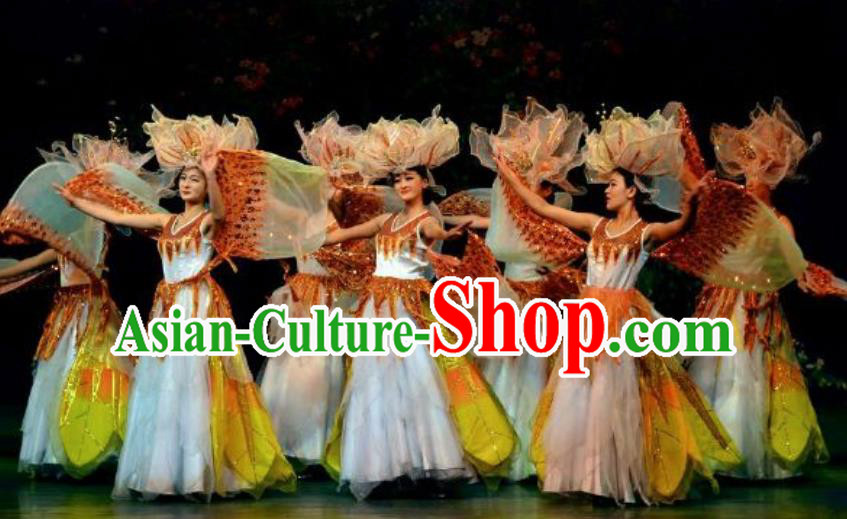 Chinese Lishui Jinsha Classical Dance White Dress Stage Performance Costume and Headpiece for Women