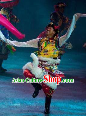 Chinese Encounter Shangri La Impression Tibetan Ethnic Dance Yellow Robe Stage Performance Costume for Men