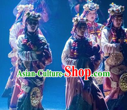 Chinese Encounter Shangri La Impression Tibetan Ethnic Dance Robe Stage Performance Costume and Headpiece for Women
