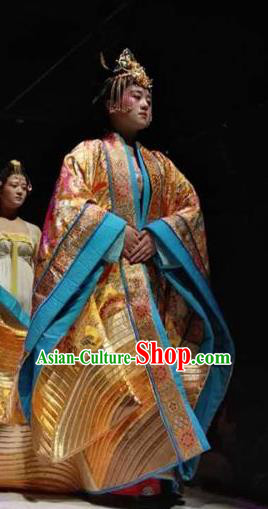 Chinese Encore Dunhuang Tang Dynasty Queen Dance Golden Dress Stage Performance Costume and Headpiece for Women
