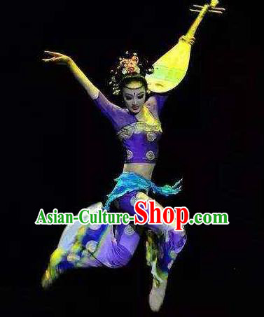 Chinese Encore Dunhuang Classical Dance Purple Dress Stage Performance Costume and Headpiece for Women