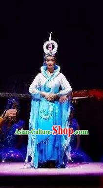 Chinese Shapotou Celebration Hui Nationality Dance Blue Dress Ethnic Stage Performance Costume and Headpiece for Women