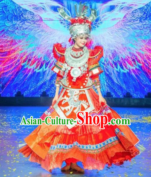 Chinese Jin Show Dan Zhai Miao Nationality Dance Wedding Red Dress Stage Performance Costume and Headpiece for Women