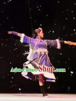 Chinese The Myth Of Snow Mountain Zang Nationality Dongba Dance Purple Dress Stage Performance Costume and Headpiece for Women