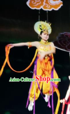 Chinese Picturesque Huizhou Opera Classical Dance Peri Orange Dress Stage Performance Costume and Headpiece for Women