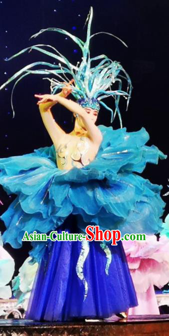 Chinese Picturesque Huizhou Classical Peony Dance Royalblue Dress Stage Performance Costume and Headpiece for Women