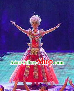 Chinese Phoenix Timeless Love Tujia Nationality Dance Red Dress Stage Performance Costume and Headpiece for Women