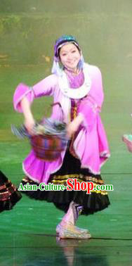 Chinese Charm Xiangxi Miao Nationality Dance Lilac Dress Stage Performance Costume and Headpiece for Women