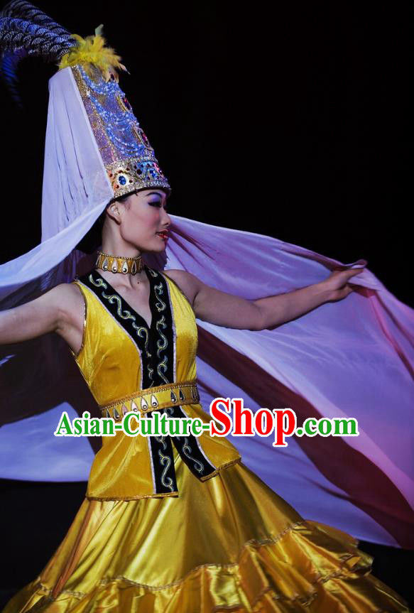 Chinese Oriental Apparel Khalkhas Nationality Dance Yellow Dress Stage Performance Ethnic Costume and Headpiece for Women