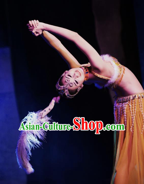 Chinese Oriental Apparel Nationality Dance Yellow Dress Stage Performance Ethnic Costume and Headpiece for Women
