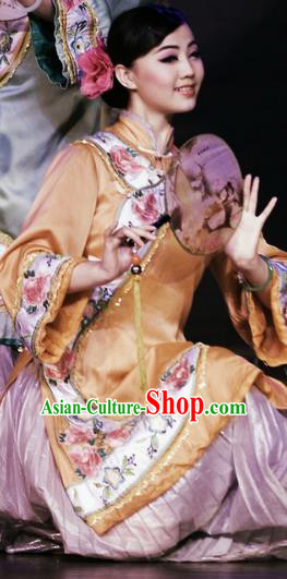 Chinese Oriental Apparel Fan Dance Yellow Dress Stage Performance Ethnic Costume for Women