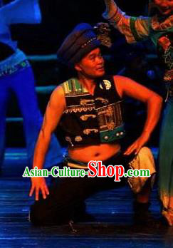 Chinese Thorn Quinoa Flowers Tujia Nationality Black Clothing Stage Performance Dance Costume for Men