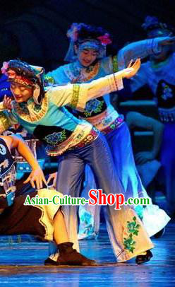 Chinese Thorn Quinoa Flowers Tujia Nationality Dance Blue Dress Stage Performance Costume and Headpiece for Women