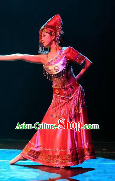 Chinese Dream Like Lijiang Zhuang Nationality Ethnic Dance Dress Stage Performance Costume and Headpiece for Women