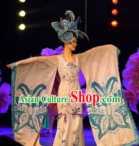 Chinese Dream Like Lijiang Classical Dance White Dress Stage Performance Costume and Headpiece for Women