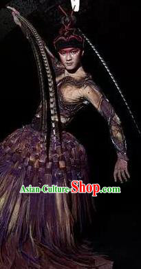 Chinese Xijiang Grand Ceremony Miao Nationality Purple Feather Clothing Stage Performance Dance Costume for Men