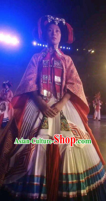 Chinese Xijiang Grand Ceremony Miao Nationality Dance White Dress Stage Performance Costume and Headpiece for Women