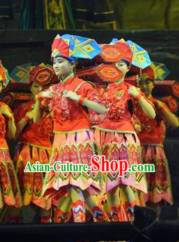 Chinese Border Town Miao Nationality Dance Red Dress Stage Performance Costume and Headpiece for Women