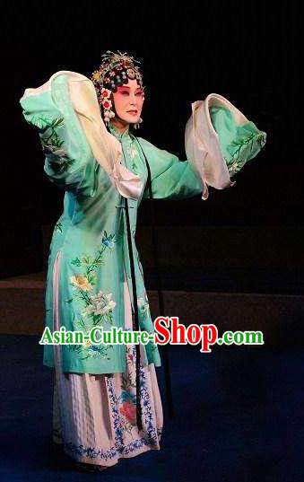 Chinese The Dream Of The Peony Pavilion Opera Du Liniang Dance Green Dress Stage Performance Costume and Headpiece for Women