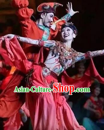 Chinese The Ancient Dunhuang Music Theatre Classical Dance Red Dress Stage Performance Costume and Headpiece for Women