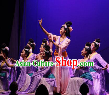 Chinese The Ancient Dunhuang Music Theatre Classical Dance Purple Dress Stage Performance Costume and Headpiece for Women