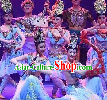 Chinese The Ancient Dunhuang Music Theatre Classical Dance Flying Apsaras Blue Dress Stage Performance Costume and Headpiece for Women