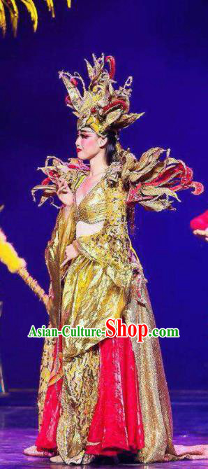 Chinese Golden Mask Dynasty Queen Dance Dress Stage Performance Costume and Headpiece for Women