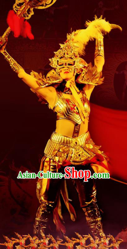 Chinese Golden Mask Dynasty Female Warrior Dance Dress Stage Performance Costume and Headpiece for Women