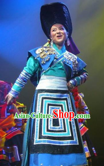 Chinese Wind Of Colorful Guizhou Yi Nationality Ethnic Dance Blue Dress Stage Performance Costume and Headpiece for Women