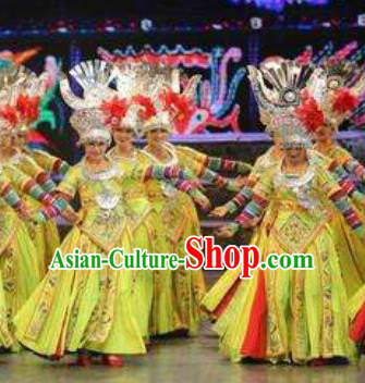 Chinese Wind Of Colorful Guizhou Miao Nationality Ethnic Dance Yellow Dress Stage Performance Costume and Headpiece for Women