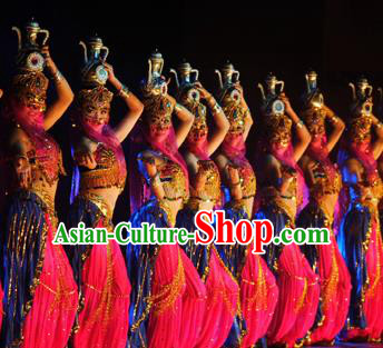 Chinese The Moon Rising On The Helan Mountain Hui Nationality Ethnic Dance Rosy Dress Stage Performance Costume and Headpiece for Women