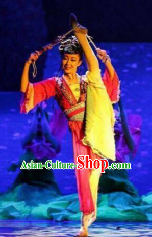 Chinese The Moon Rising On The Helan Mountain Classical Dance Rosy Dress Stage Performance Costume and Headpiece for Women