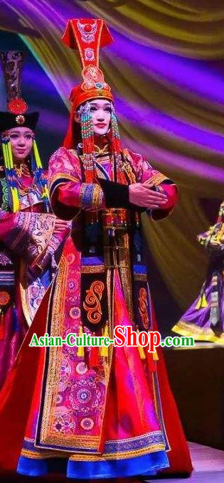 Chinese Saihan Tara Mongol Nationality Dance Wedding Dress Stage Performance Costume and Headpiece for Women