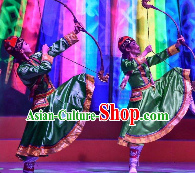 Chinese Saihan Tara Mongol Nationality Dance Green Dress Stage Performance Costume and Headpiece for Women