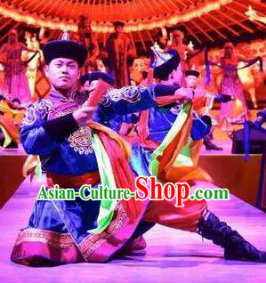 Chinese Saihan Tara Mongol Nationality Blue Clothing Stage Performance Dance Costume for Men