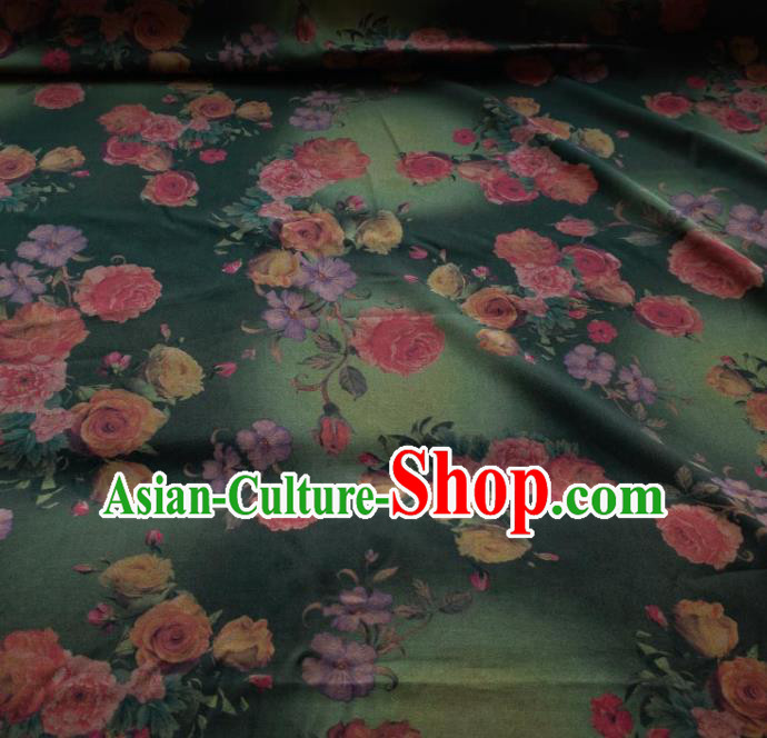 Traditional Chinese Classical Roses Pattern Green Gambiered Guangdong Gauze Silk Fabric Ancient Hanfu Dress Silk Cloth