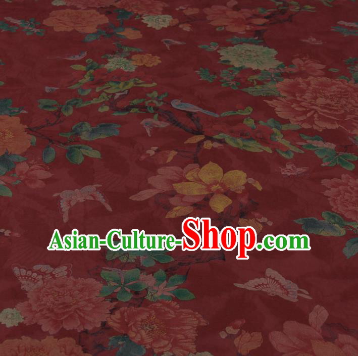 Traditional Chinese Classical Peony Birds Pattern Red Gambiered Guangdong Gauze Silk Fabric Ancient Hanfu Dress Silk Cloth