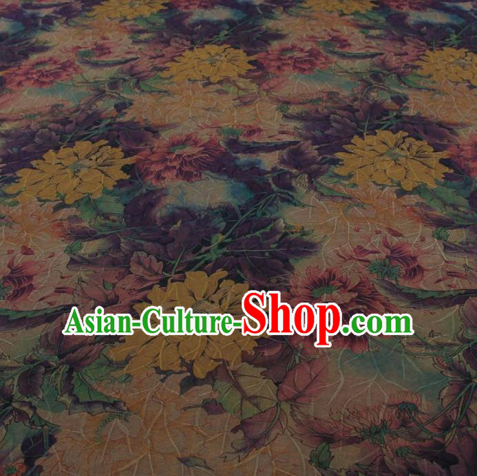 Traditional Chinese Classical Flowers Pattern Khaki Gambiered Guangdong Gauze Silk Fabric Ancient Hanfu Dress Silk Cloth