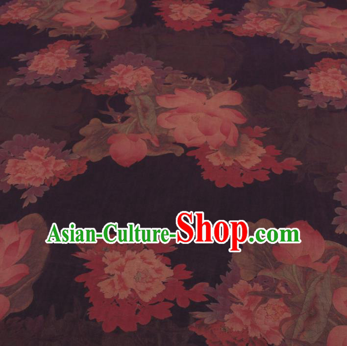 Traditional Chinese Classical Lotus Peony Pattern Deep Brown Gambiered Guangdong Gauze Silk Fabric Ancient Hanfu Dress Silk Cloth